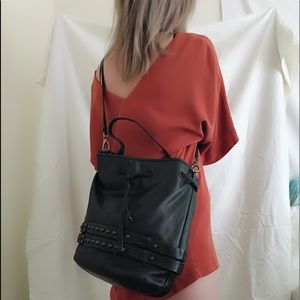 Black leather Bucket Bag with Rivet Details